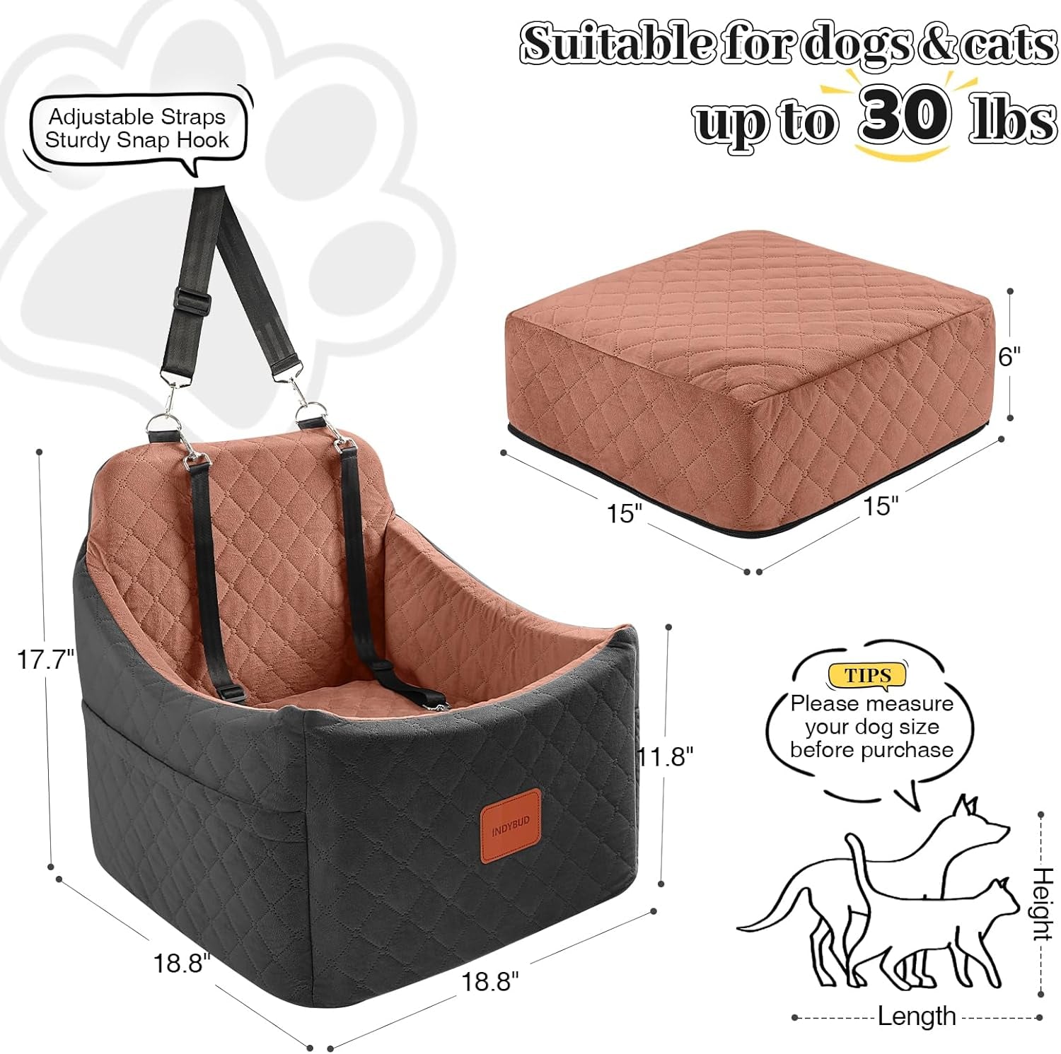 Dog Car Seats for Small/Medium Dogs up to 35 Lbs – Portable Memory Foam Dog Seat for Car with Anti-Slip Design, 2 Adjustable Safety Leashes & Storage Pockets(Black/Brown, Medium)